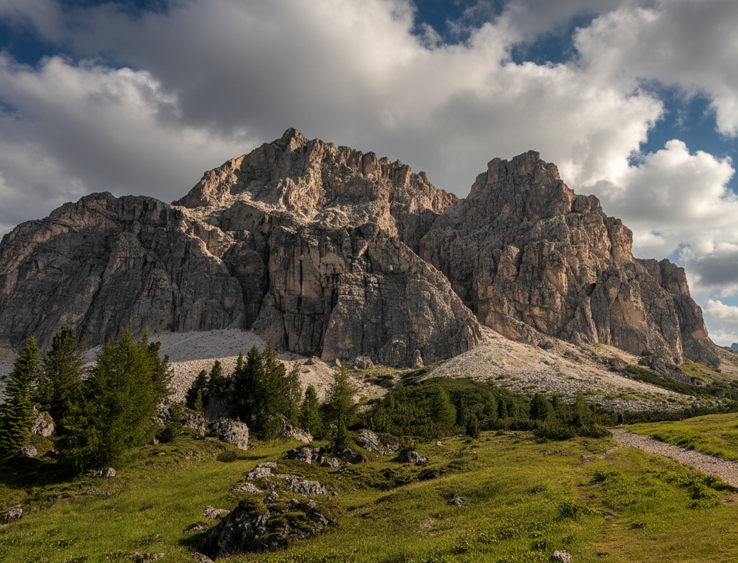 Passo Falzarego car park with Dolomite peaks