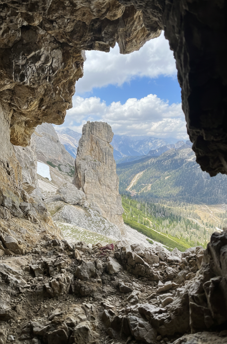 Cave entrance at Lagazuoi with climber on rock
