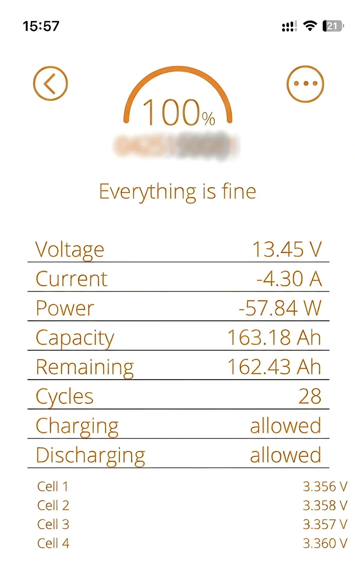 Van life electrical setup — Liontron app showing our LX 12.8V 150Ah LiFePO4 battery at 100% charge
