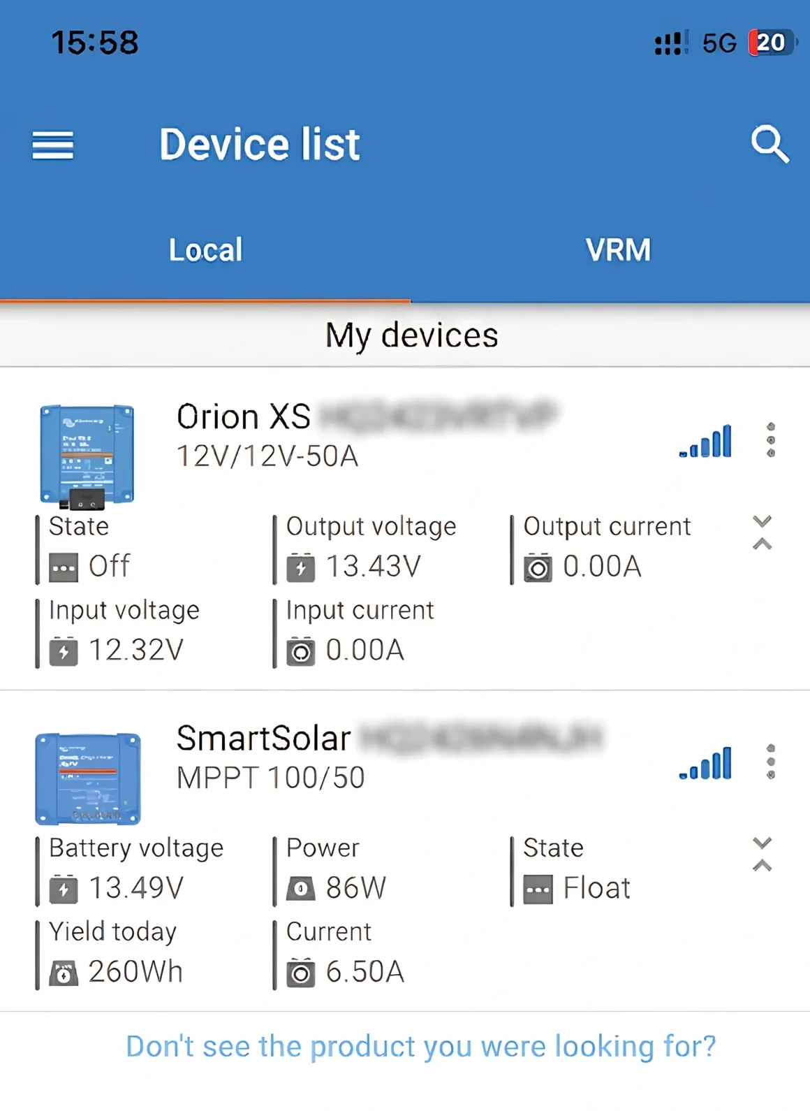 Victron Connect app showing our Orion XS DC-DC charger and SmartSolar MPPT 100/50 connected in the van