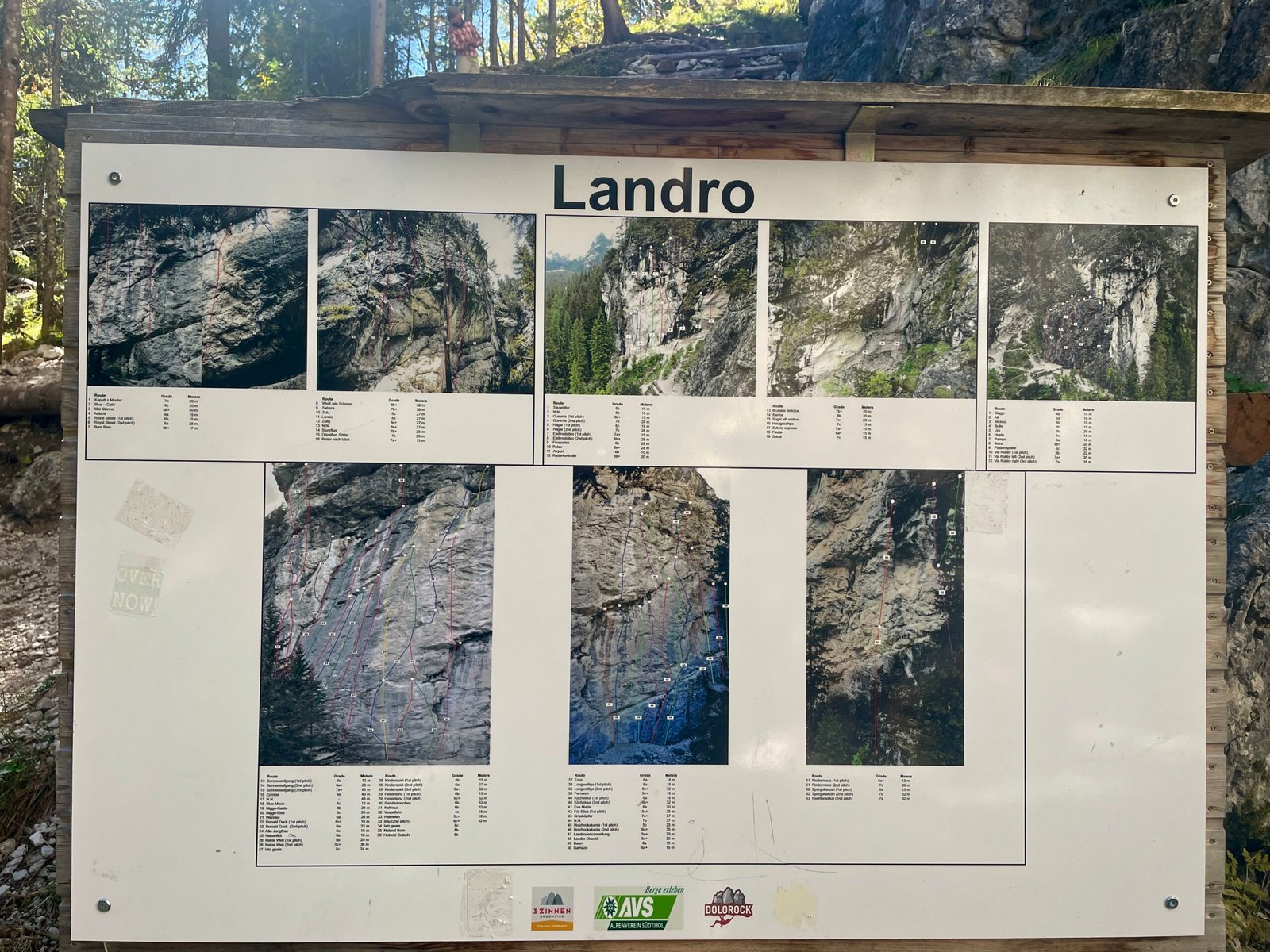 Printed topos of the Val di Landro crags displayed at the base of Landro crag